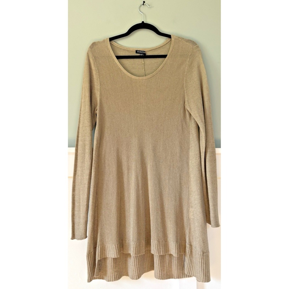 Eileen Fisher Open Knit Sweater Tunic Top Linen Blend Womens Medium Beige Tan